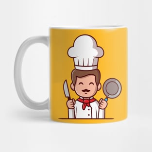 Cute Chef Holding Frying Pan And Knife Cartoon Mug